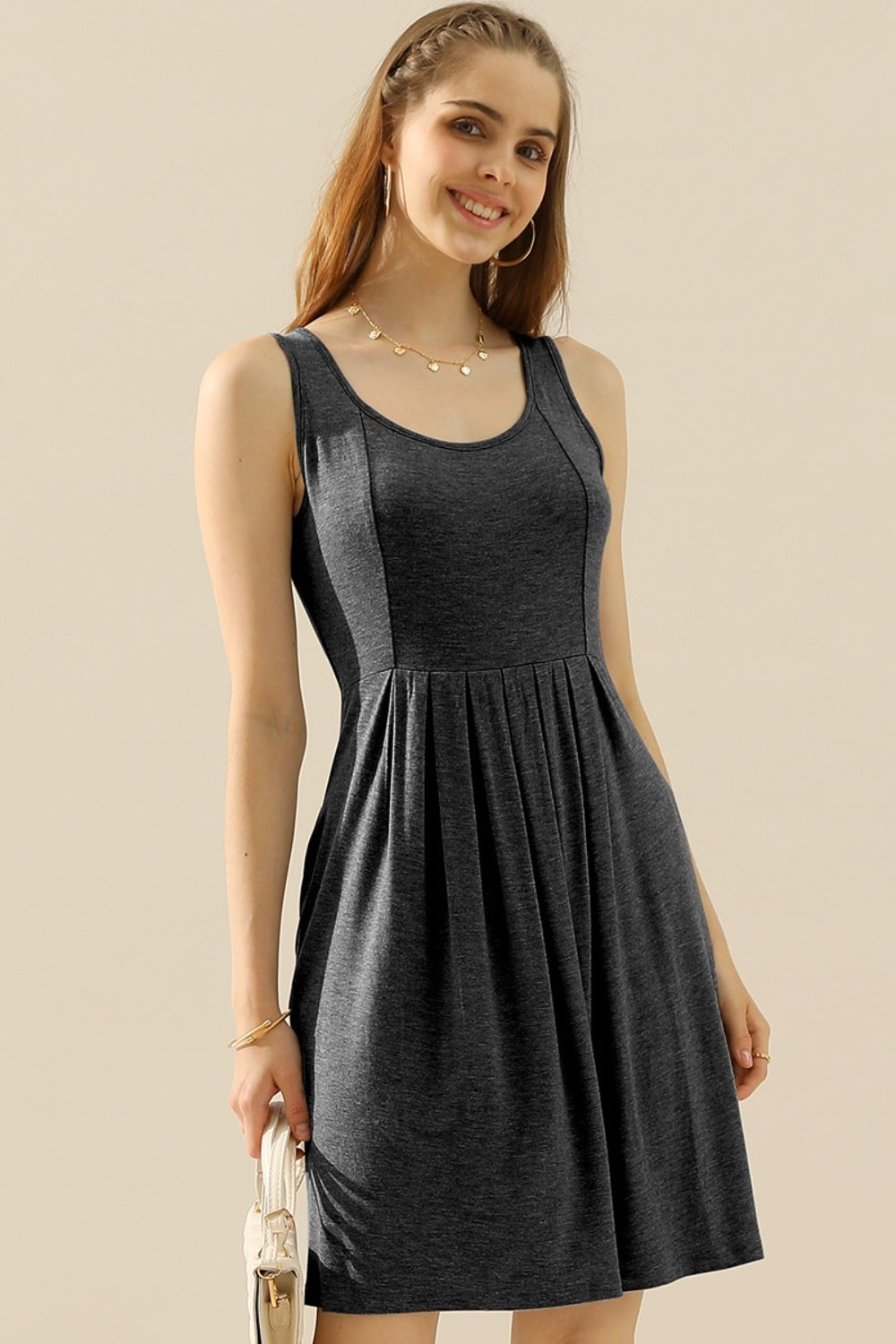 Buy charcoal Doublju Full Size Round Neck Ruched Sleeveless Dress with Pockets