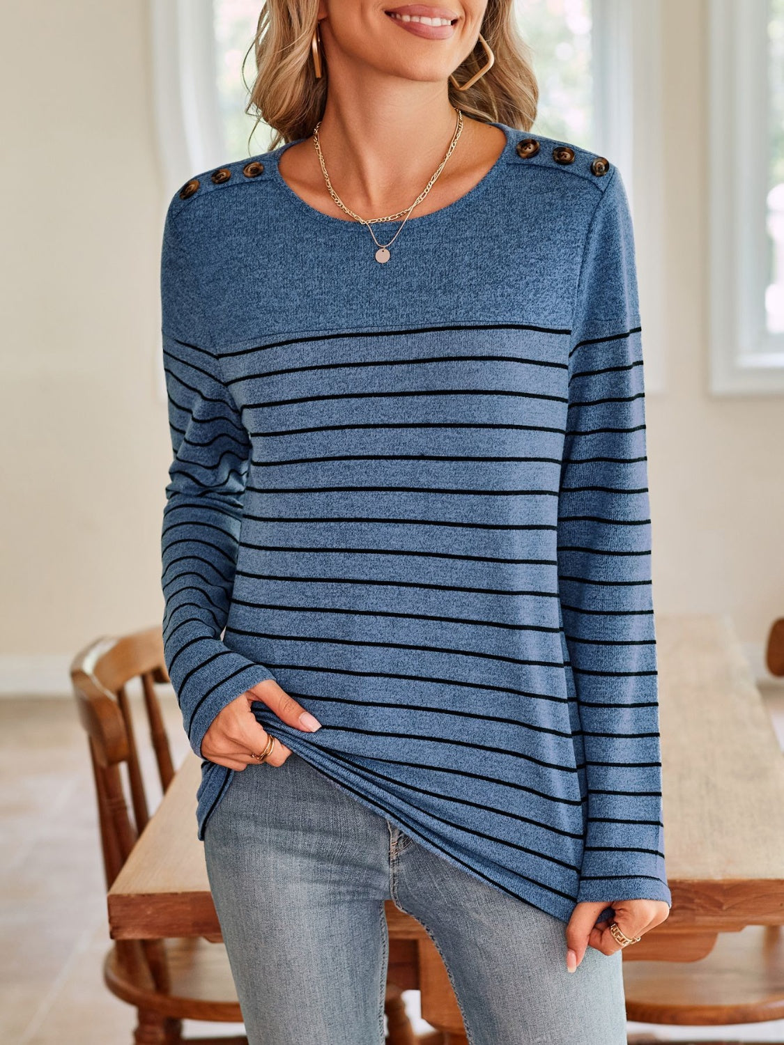 Buy dusty-blue Lovelet Striped Round Neck Long Sleeve T-Shirt