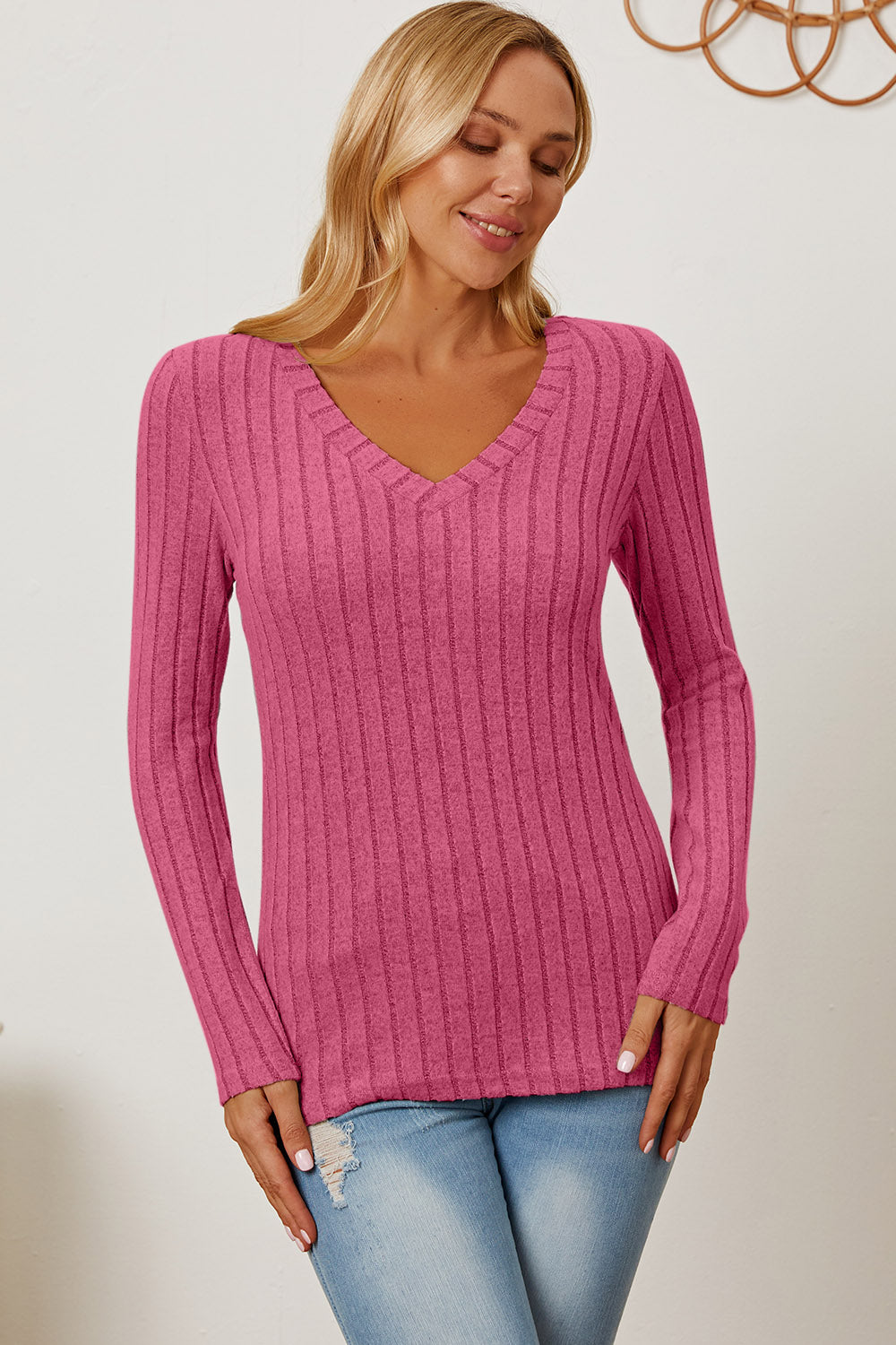 Buy hot-pink Basic Bae Full Size Ribbed V-Neck Long Sleeve T-Shirt