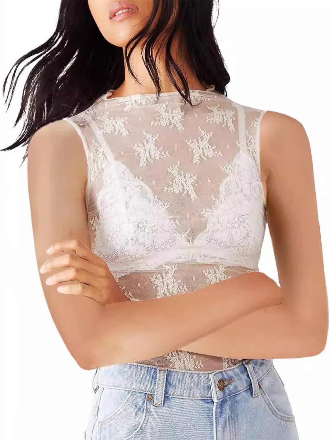 Buy white Lace Mock Neck Top