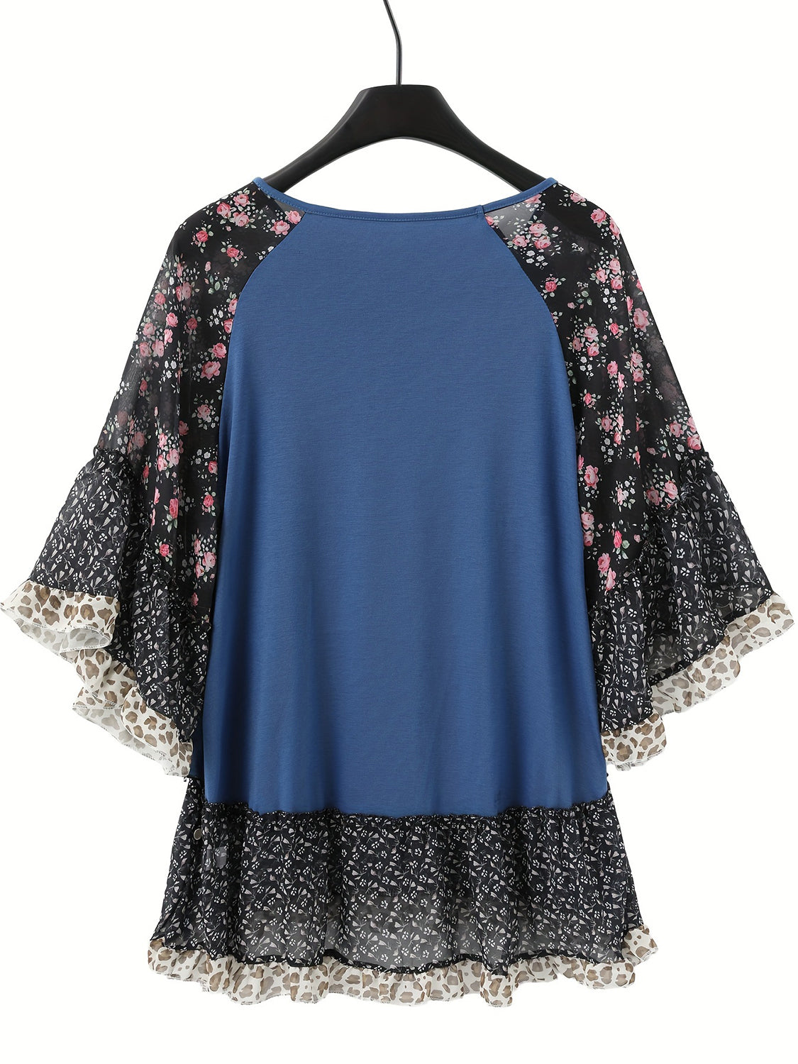 Buy navy Full Size Frill Printed Round Neck Half Sleeve Blouse