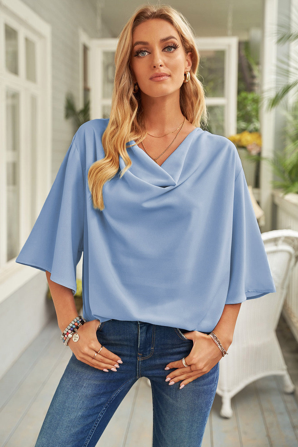 Buy sky-blue Short Sleeve Draped Blouse