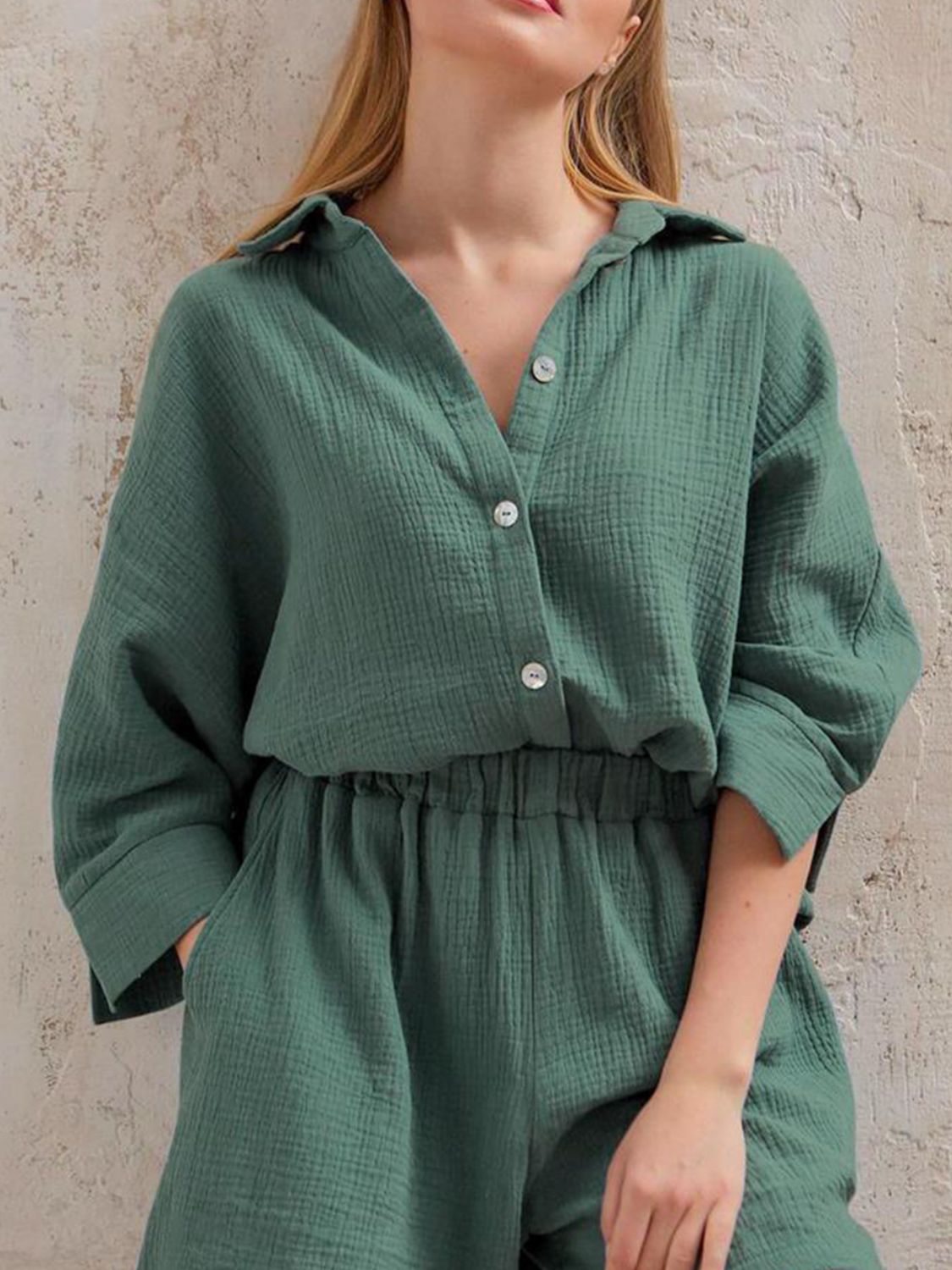 Buy dark-green Texture Button Up Shirt and Shorts Set