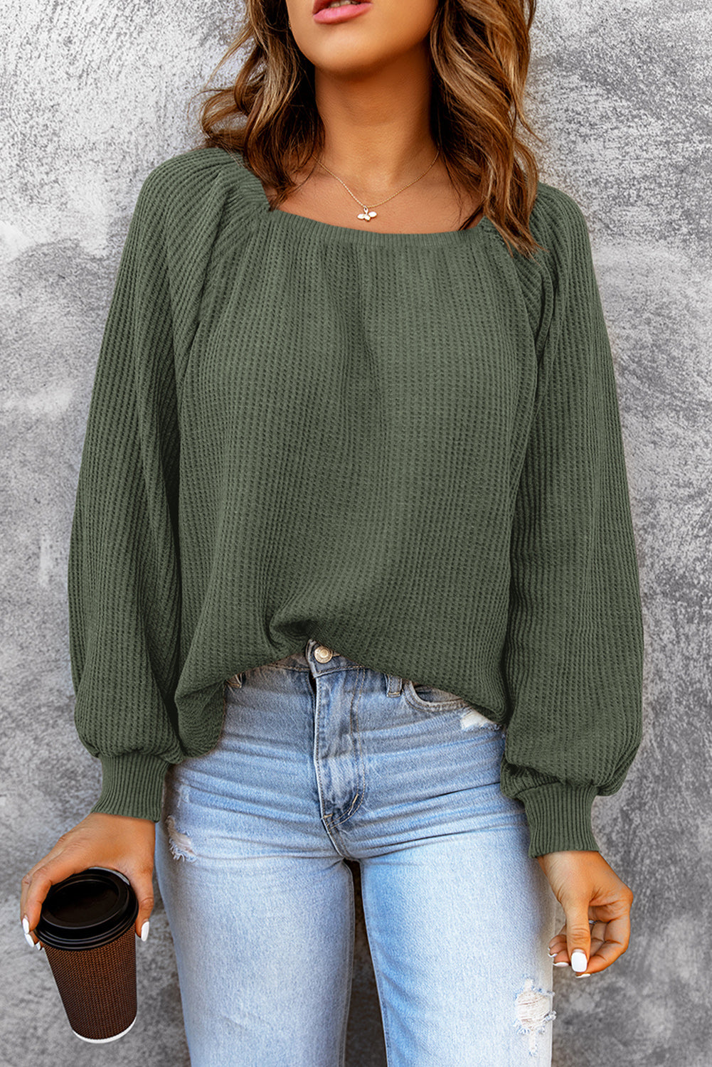 Buy green Square Neck Waffle-Knit Top