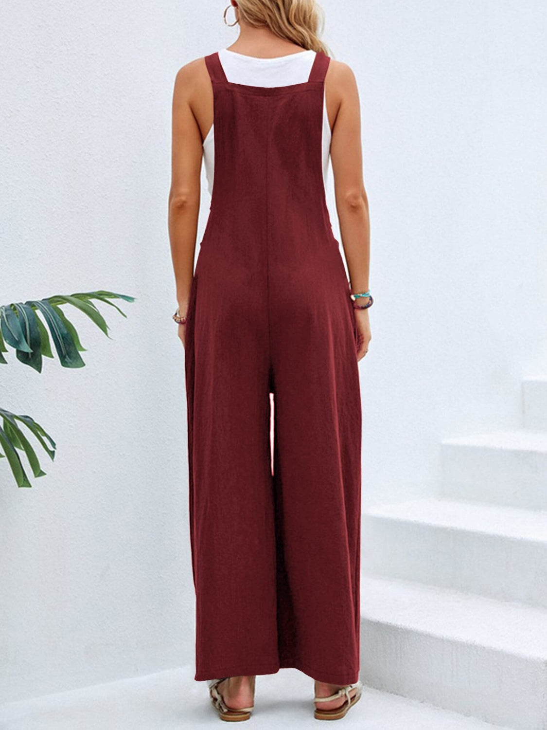 Buy burgundy Full Size Square Neck Wide Strap Overalls