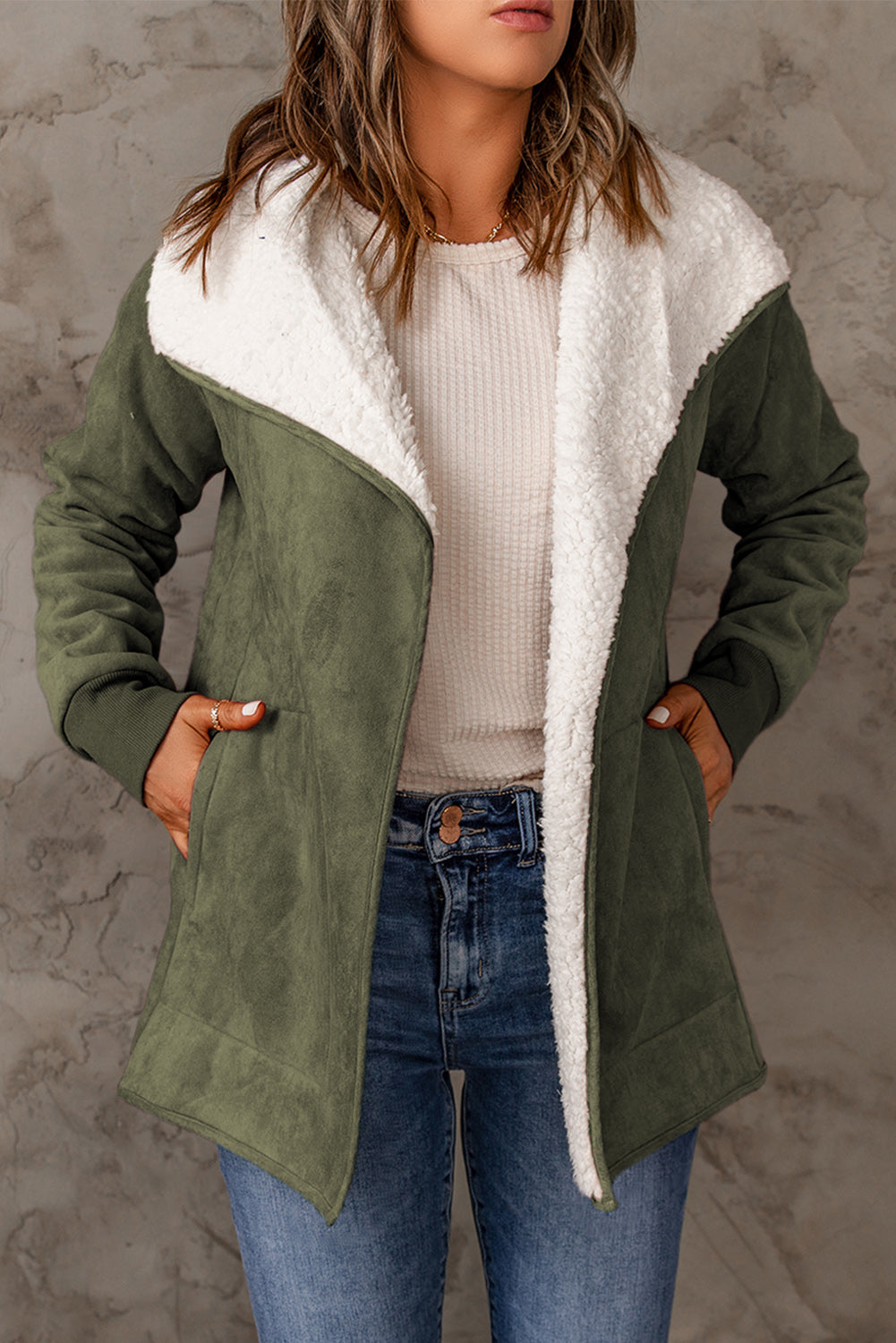 Buy army-green Open Front Long Sleeve Sherpa Jacket with Pockets