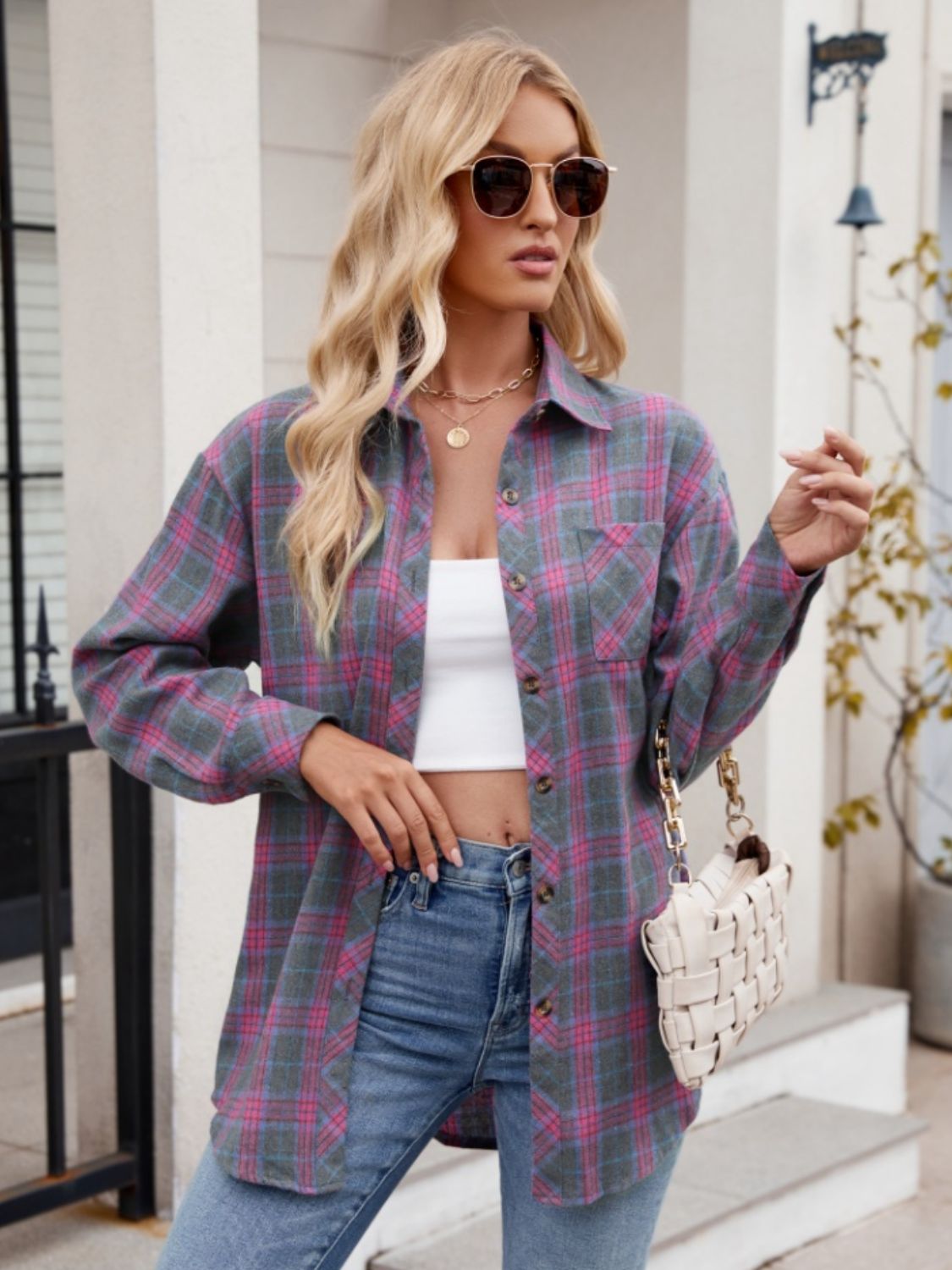 Buy red-violet Mandy Pocketed Plaid Collared Neck Long Sleeve Shirt