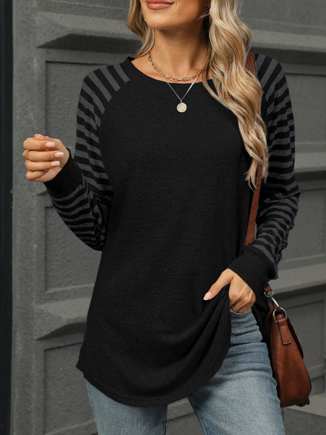 Buy black Striped Round Neck Long Sleeve T-Shirt