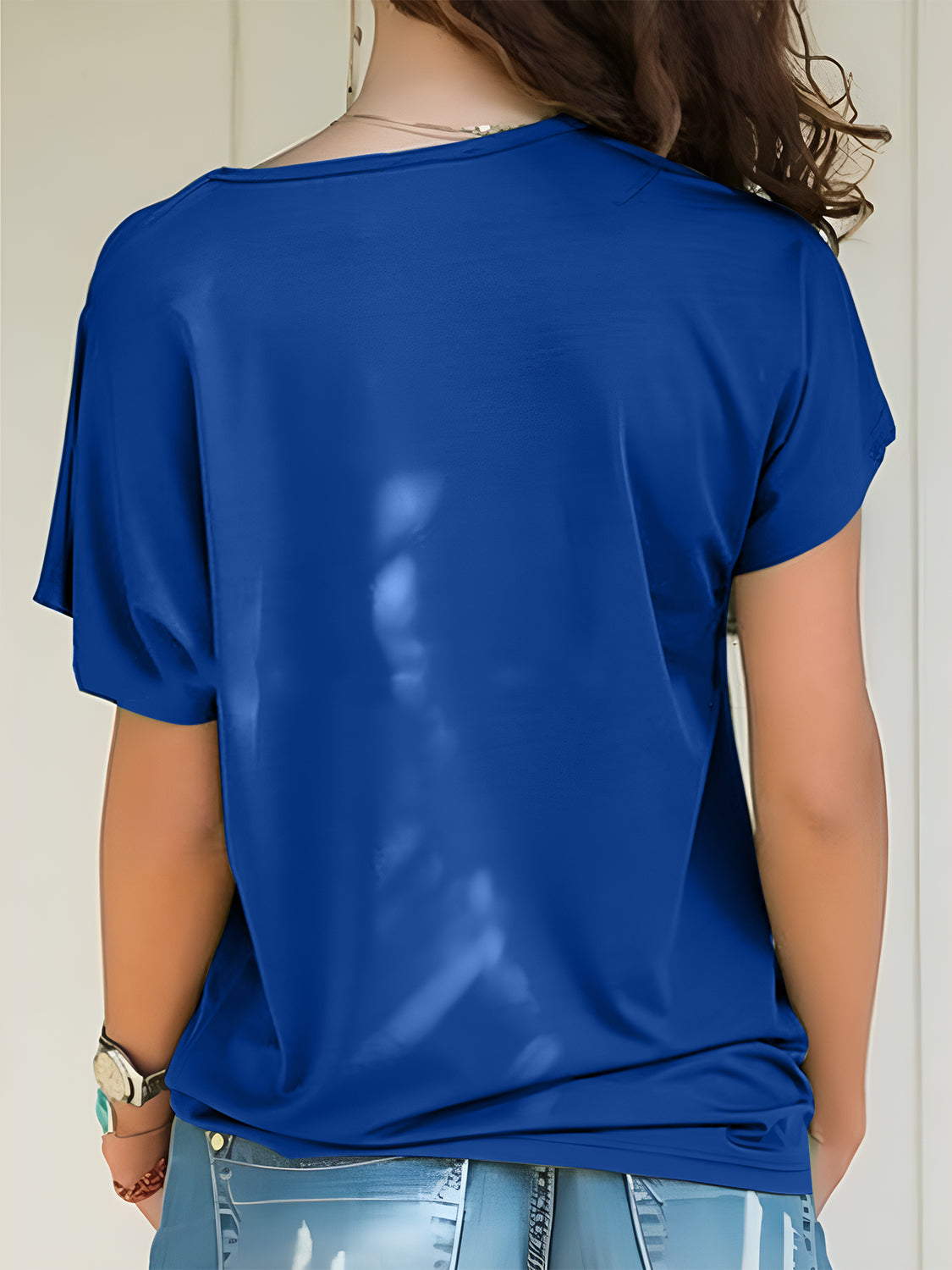 Buy royal-blue Asymmetrical Neck Short Sleeve T-Shirt