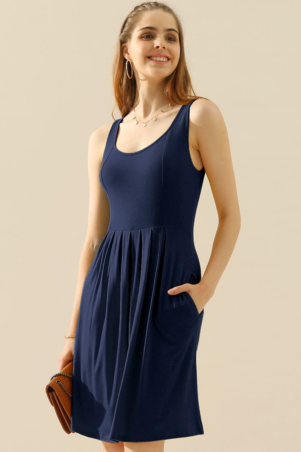 Buy navy Doublju Full Size Round Neck Ruched Sleeveless Dress with Pockets