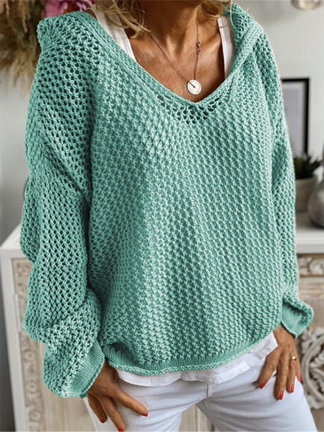 Buy turquoise Openwork Hooded Long Sleeve Sweater