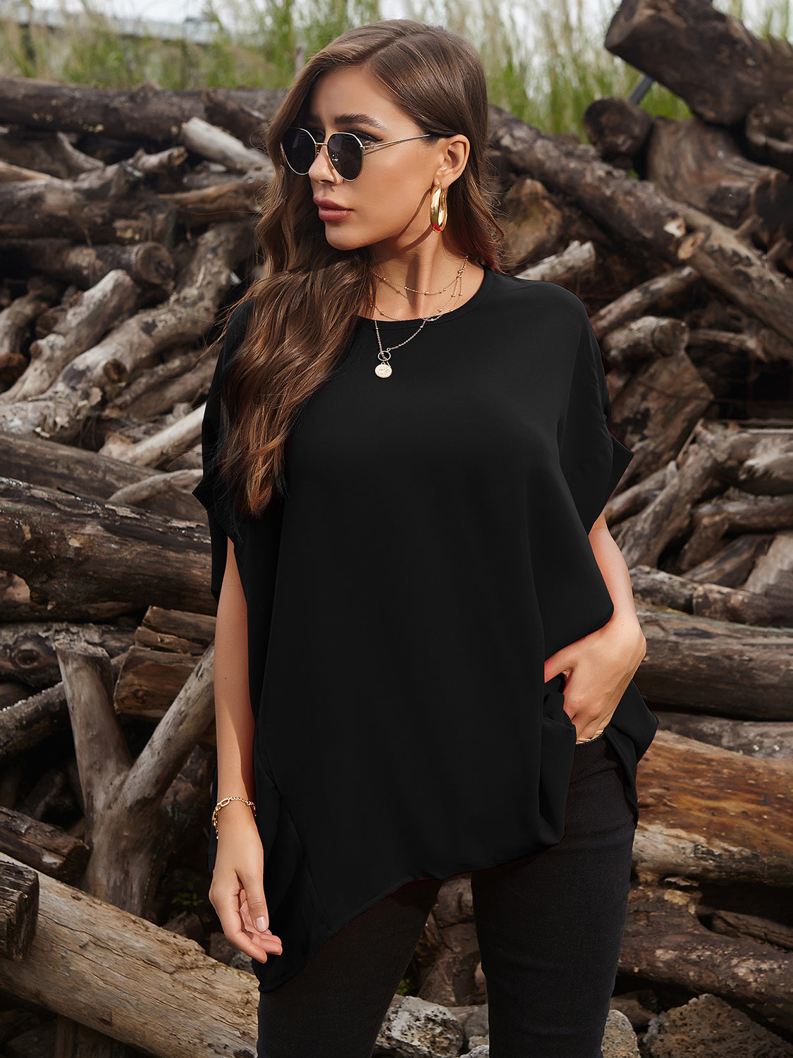 Buy black Perfee Round Neck Short Sleeve T-Shirt