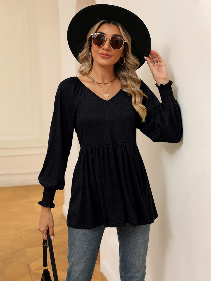 Buy black V-Neck Lantern Sleeve Blouse