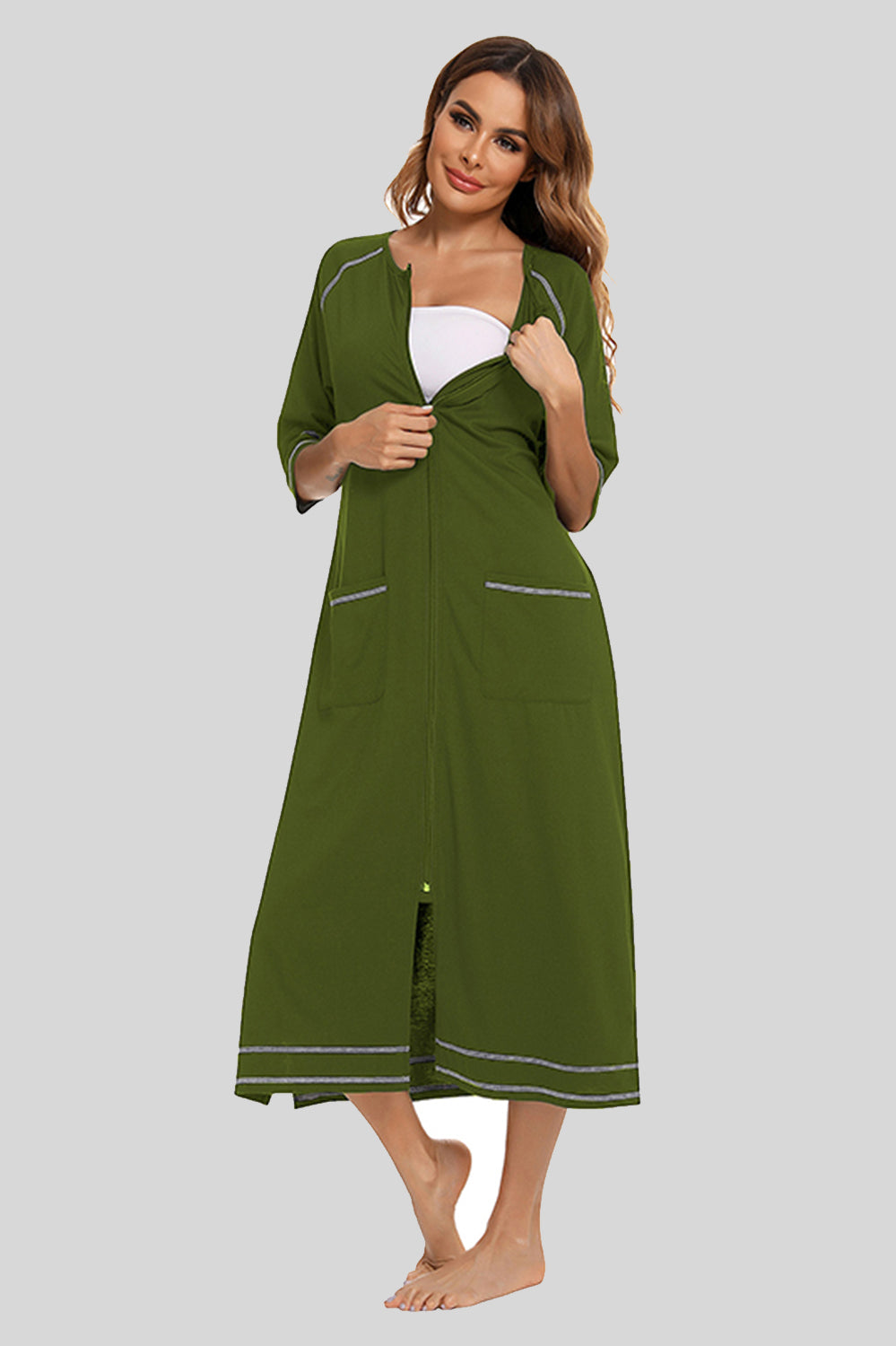 Buy army-green Zip Up Slit Round Neck Night Dress with Pockets