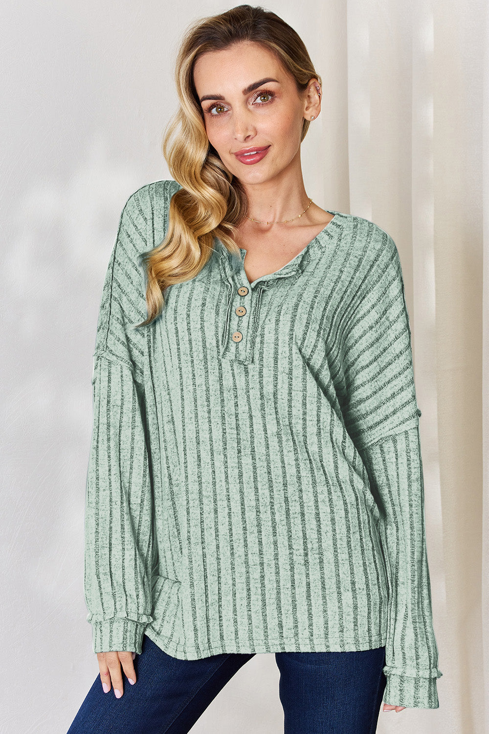 Buy light-green Basic Bae Full Size Ribbed Half Button Long Sleeve T-Shirt