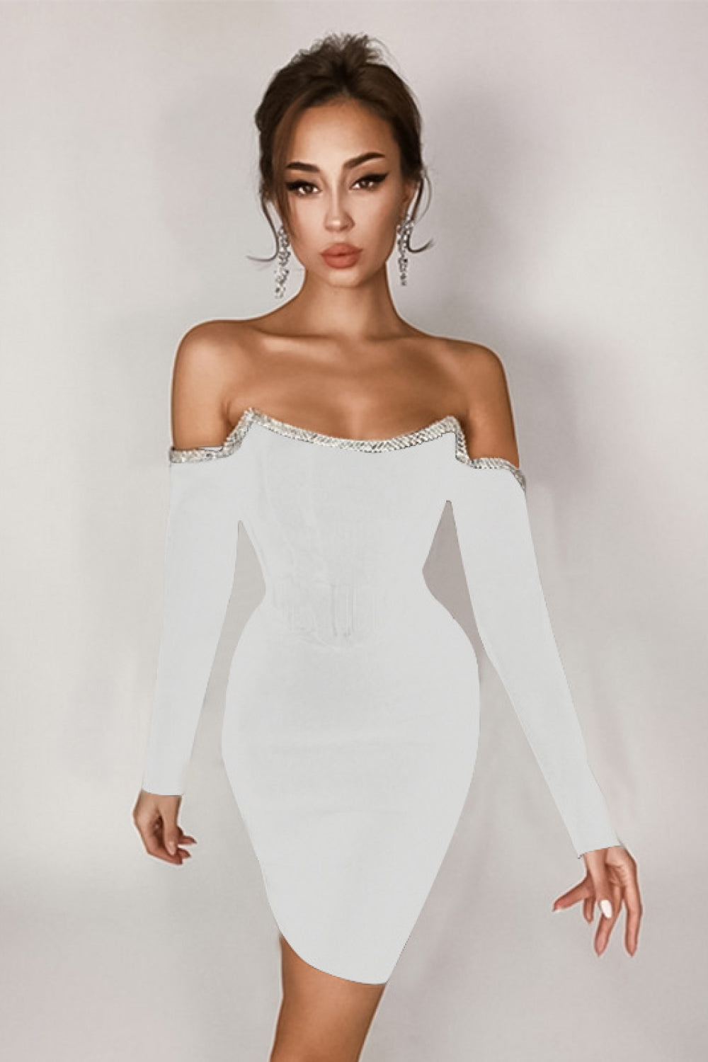 Buy white Rhinestone Trim Off-Shoulder Bandage Dress