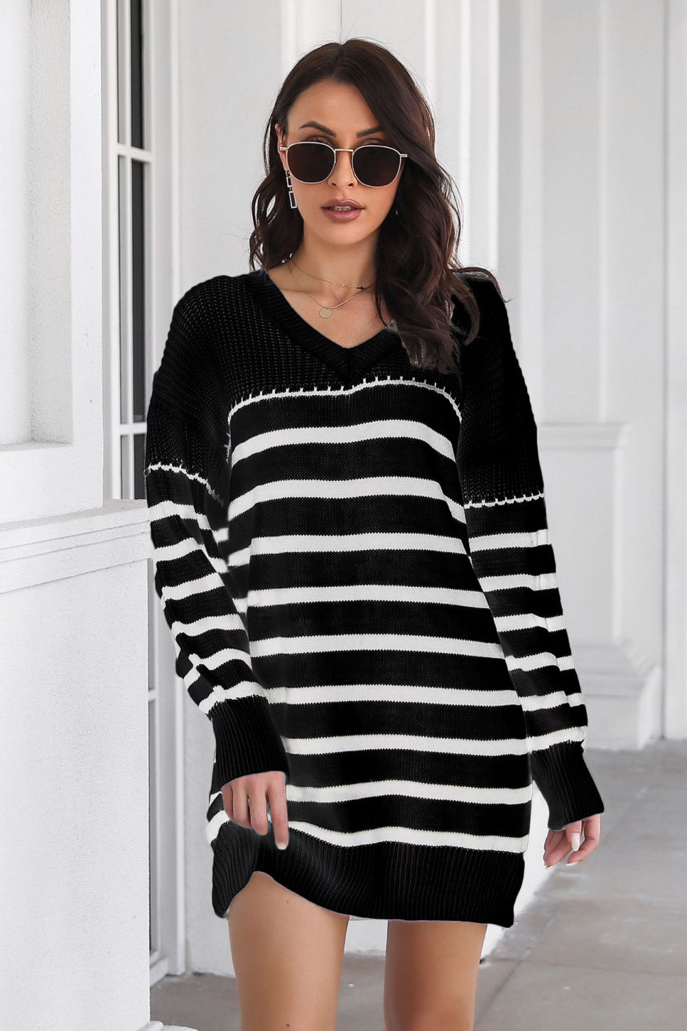 Buy black Striped V-Neck Drop Shulder Sweater Dress