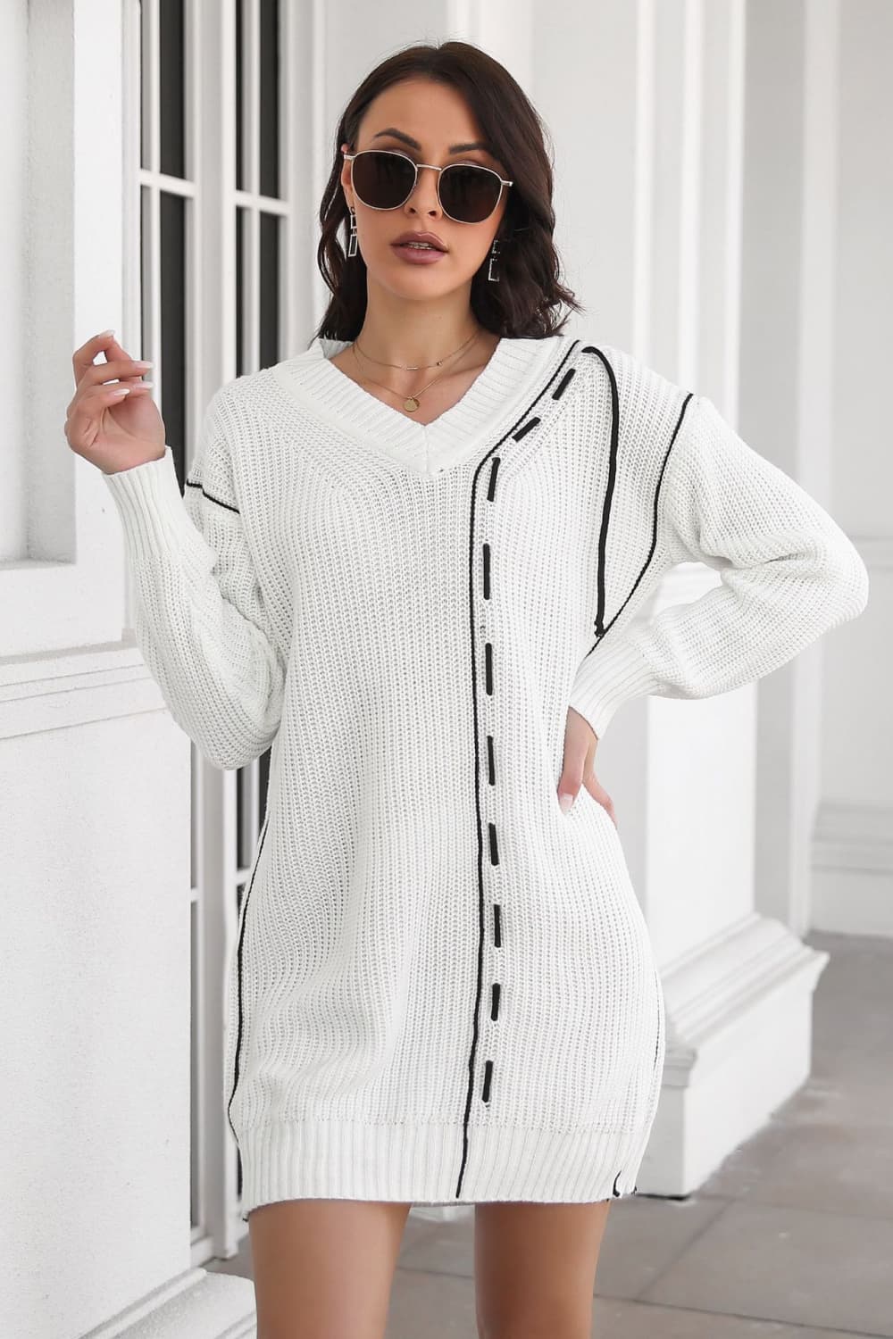 Buy white Contrast V-Neck Sweater Dress