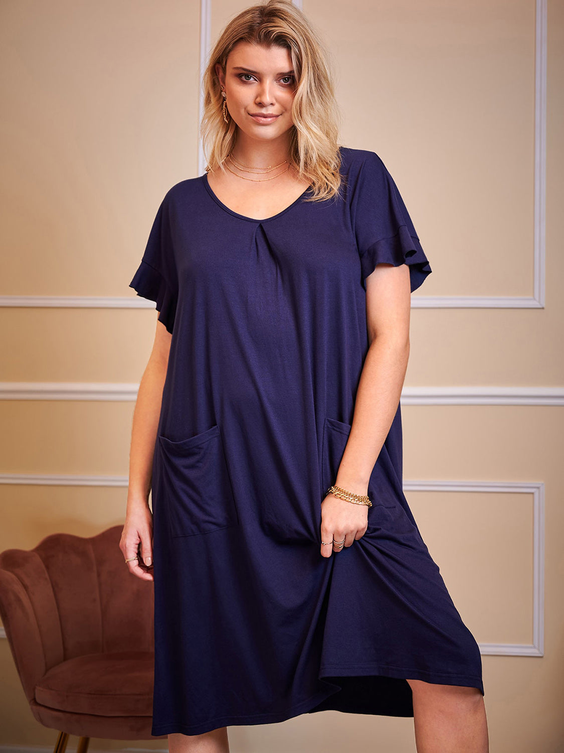 Buy dark-navy Plus Size Round Neck Short Sleeve Lounge Dress