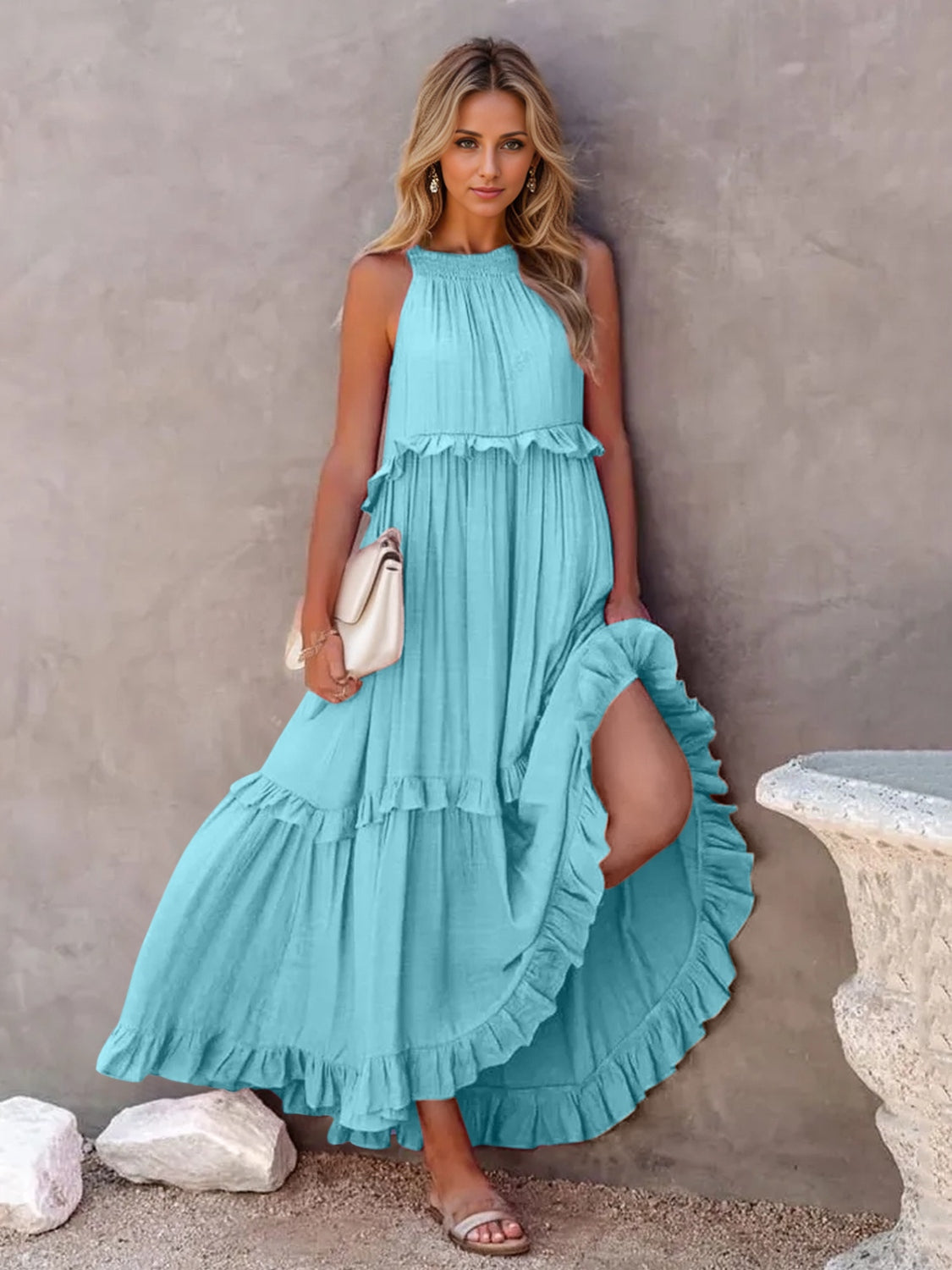 Buy sky-blue Ruffled Sleeveless Tiered Maxi Dress with Pockets