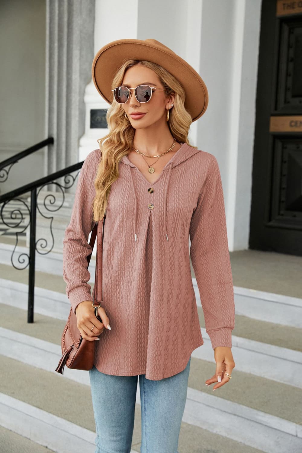 Buy dusty-pink Long Sleeve Hooded Blouse