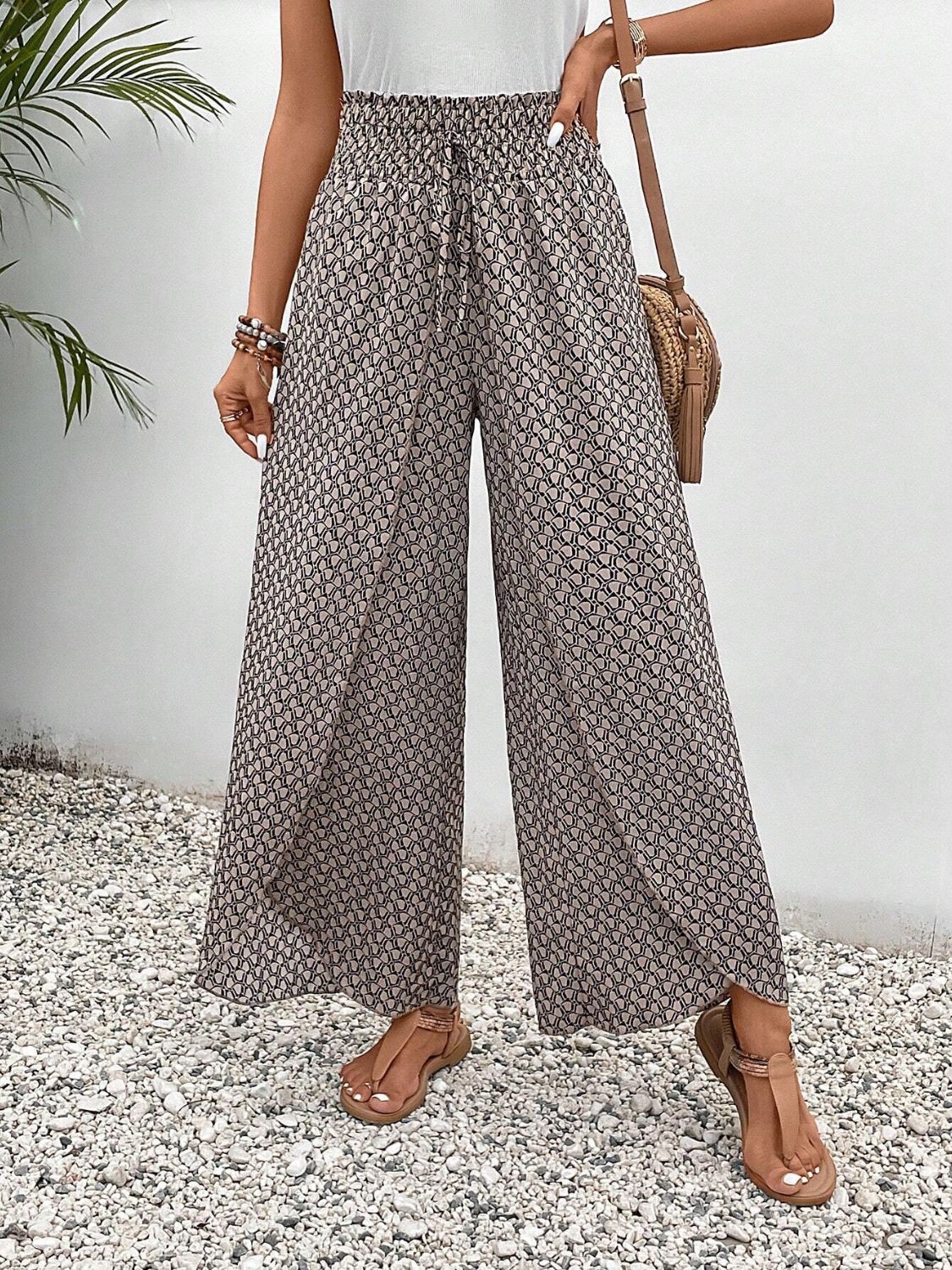 Buy light-gray Tied Printed Wide Leg Pants