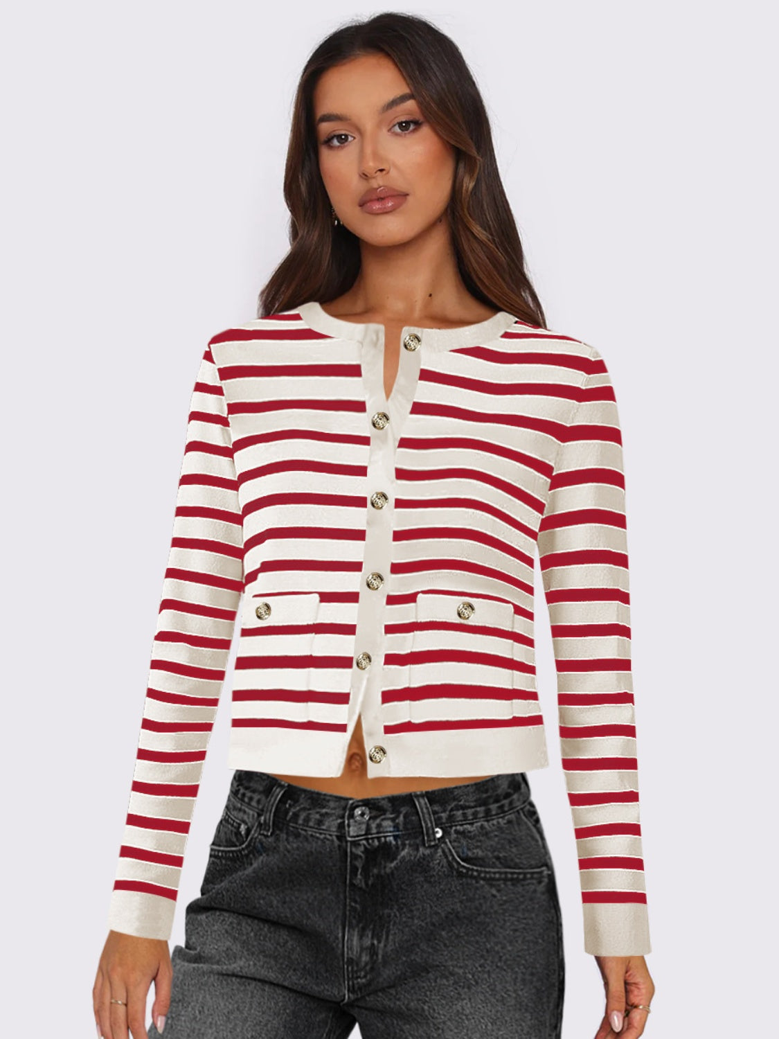 Buy deep-red Striped Round Neck Button Up Long Sleeve Cardigan