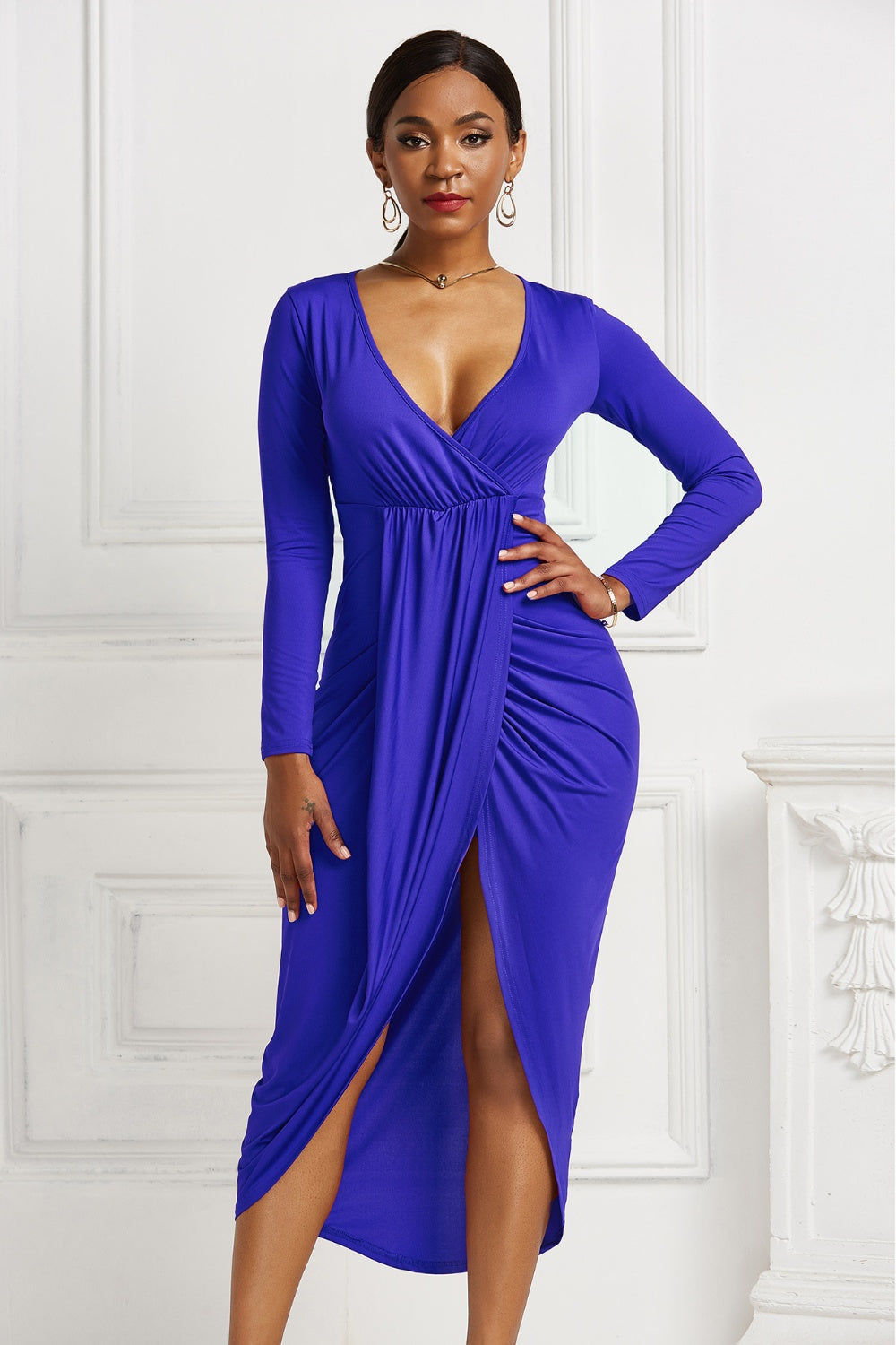 Buy royal-blue High-low Ruched Surplice Long Sleeve Dress