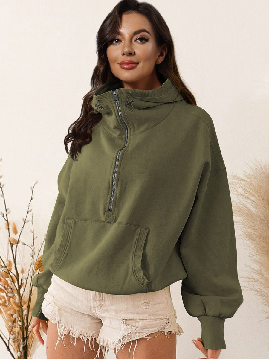 Buy army-green Zip-Up Dropped Shoulder Hoodie