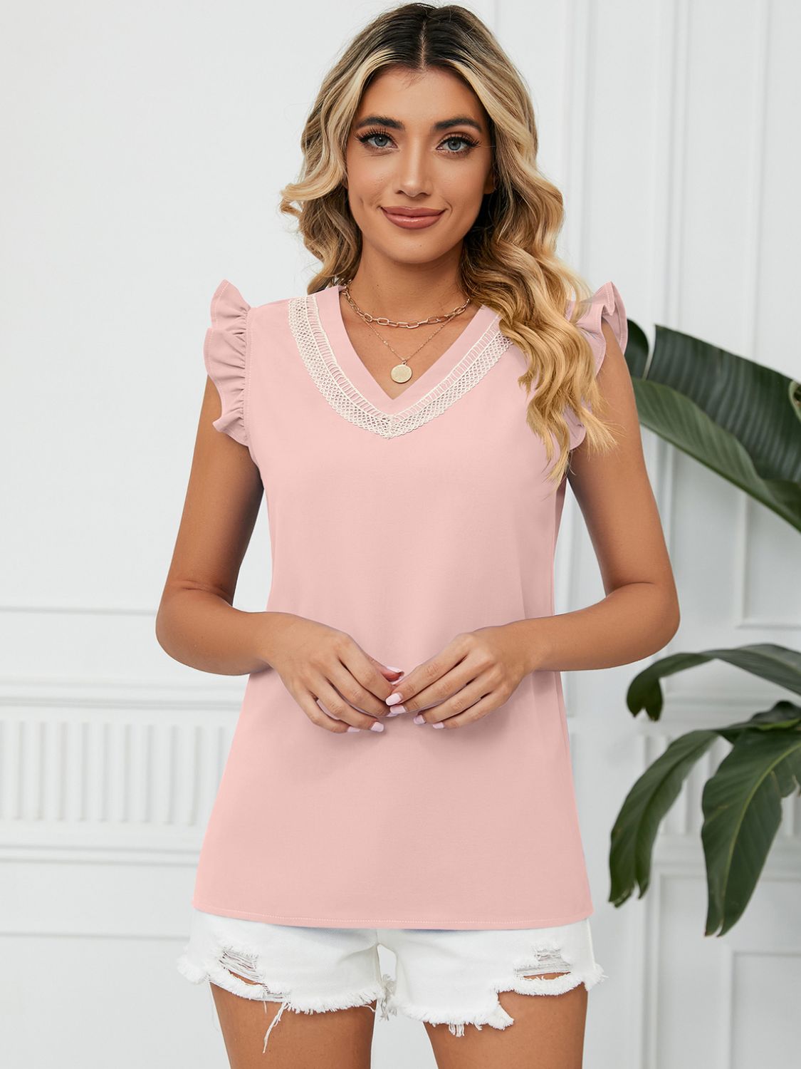 Ruffled V-Neck Cap Sleeve Blouse