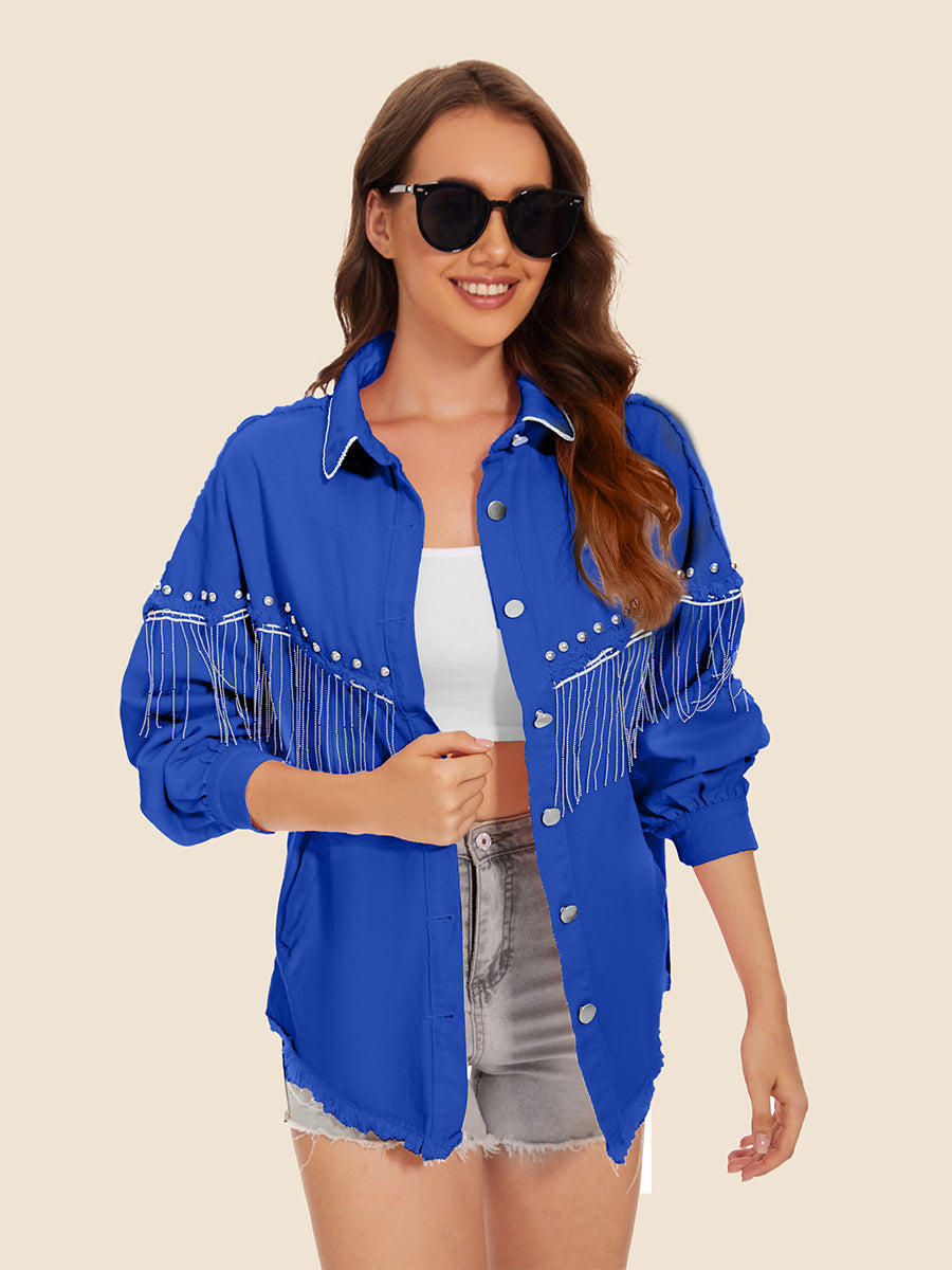 Buy royal-blue Raw Hem Fringe Detail Denim Jacket