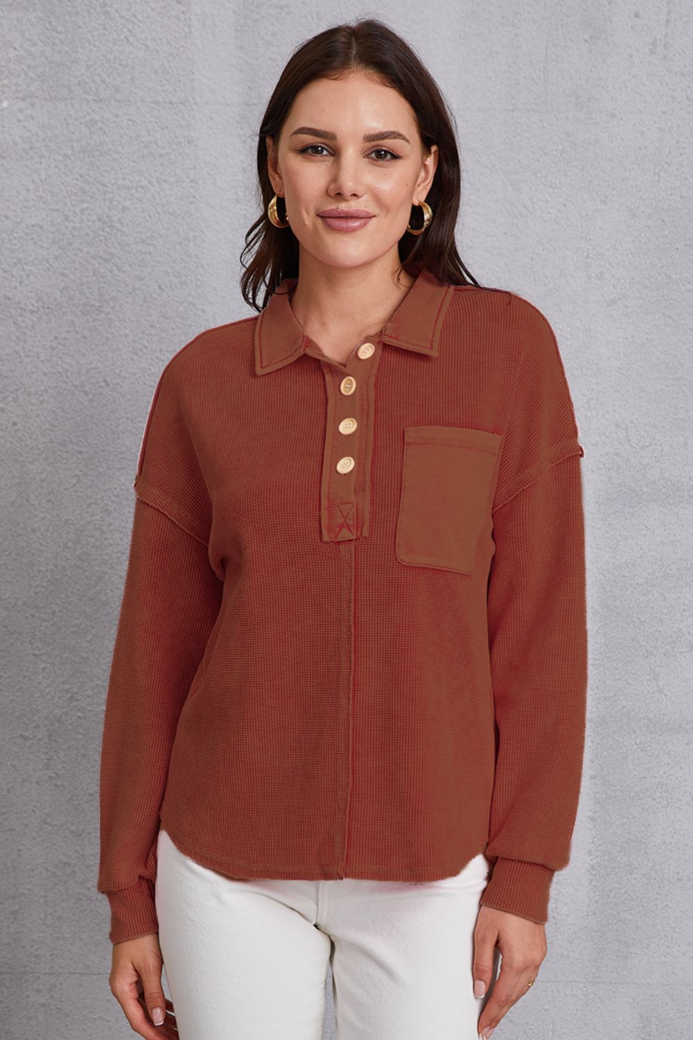 Buy dark-brown Quarter Button Dropped Shoulder Sweatshirt