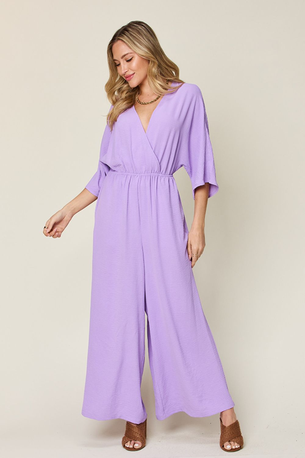 Buy lavender Double Take Full Size Surplice Wide Leg Jumpsuit with Pockets