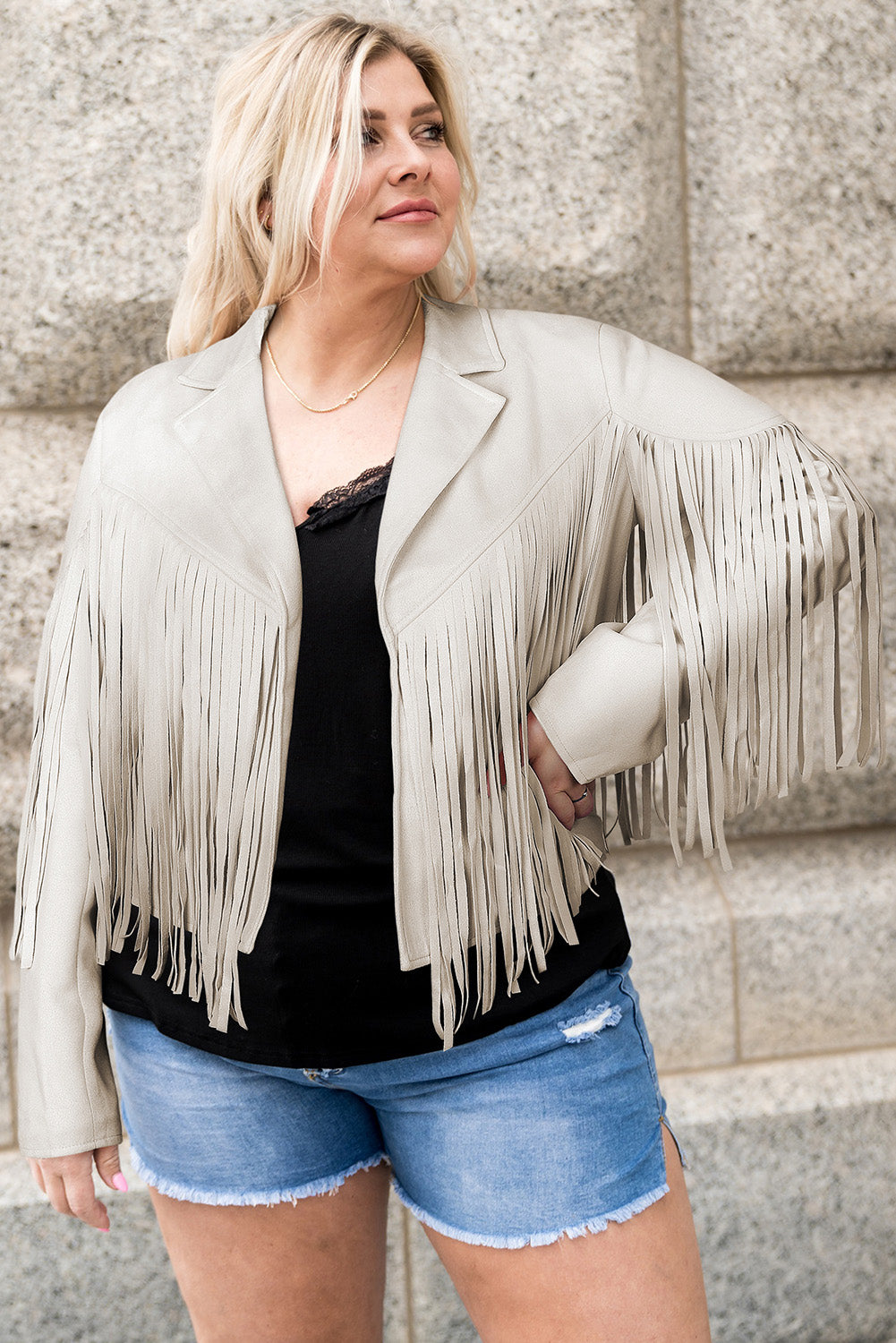 Buy cream Plus Size Fringe Open Front Jacket