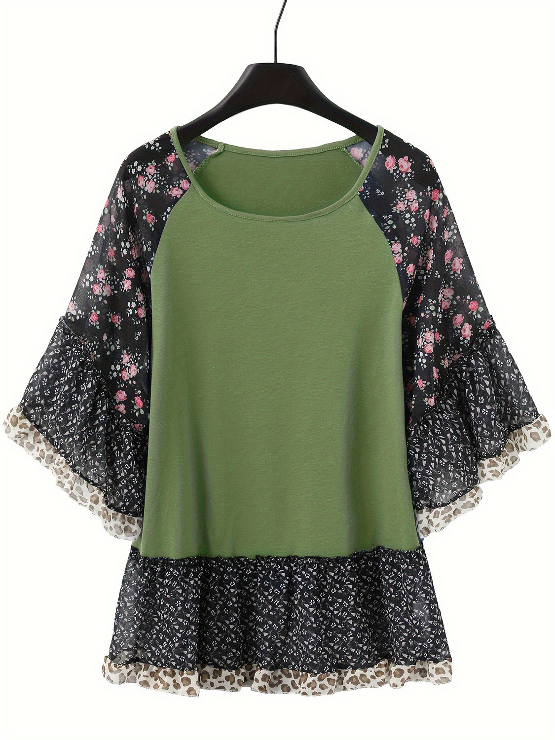 Buy matcha-green Full Size Frill Printed Round Neck Half Sleeve Blouse