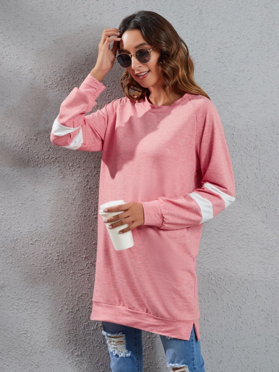 Buy burnt-coral Full Size Striped Round Neck Long Sleeve T-Shirt