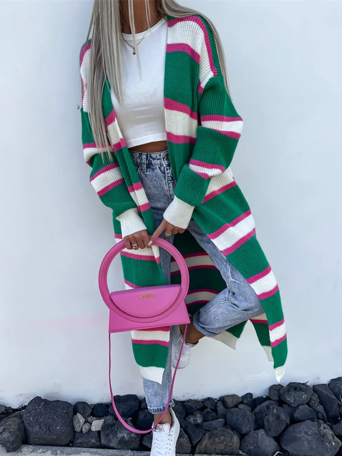 Buy hot-pink Striped Open Front Longline Cardigan