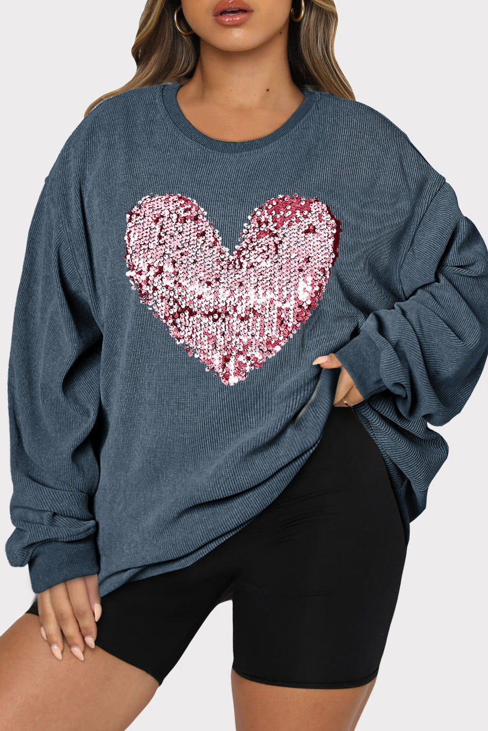 Buy deep-teal Plus Size Heart Sequin Round Neck Sweatshirt