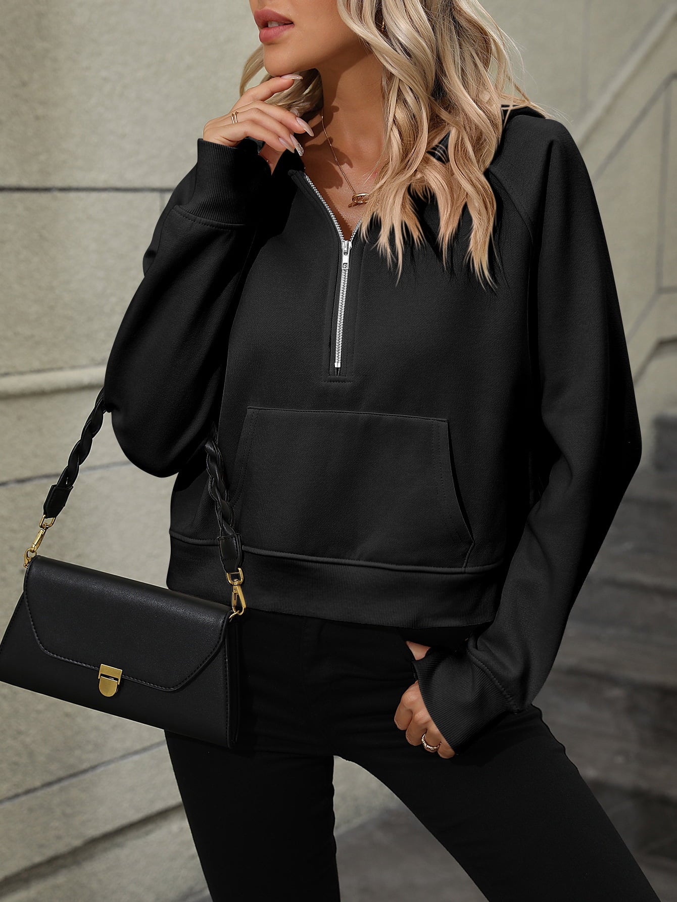 Buy black Mandy Raglan Sleeve Zip-Up Hoodie with Pocket