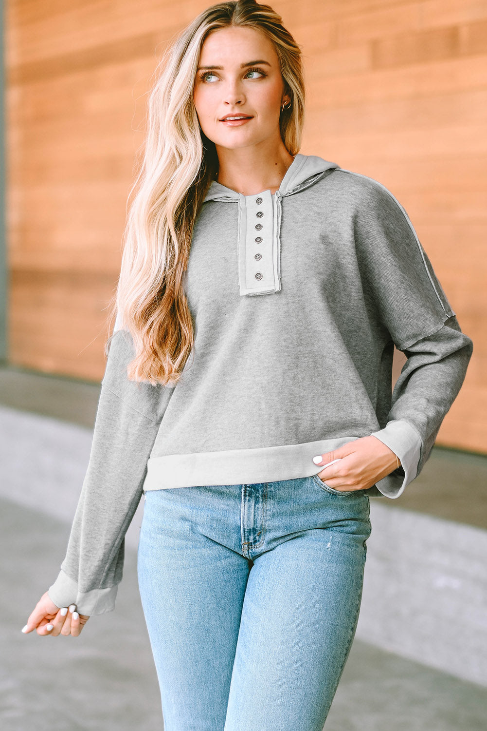 Buy light-gray Quarter-Button Exposed Seam Dropped Shoulder Hoodie