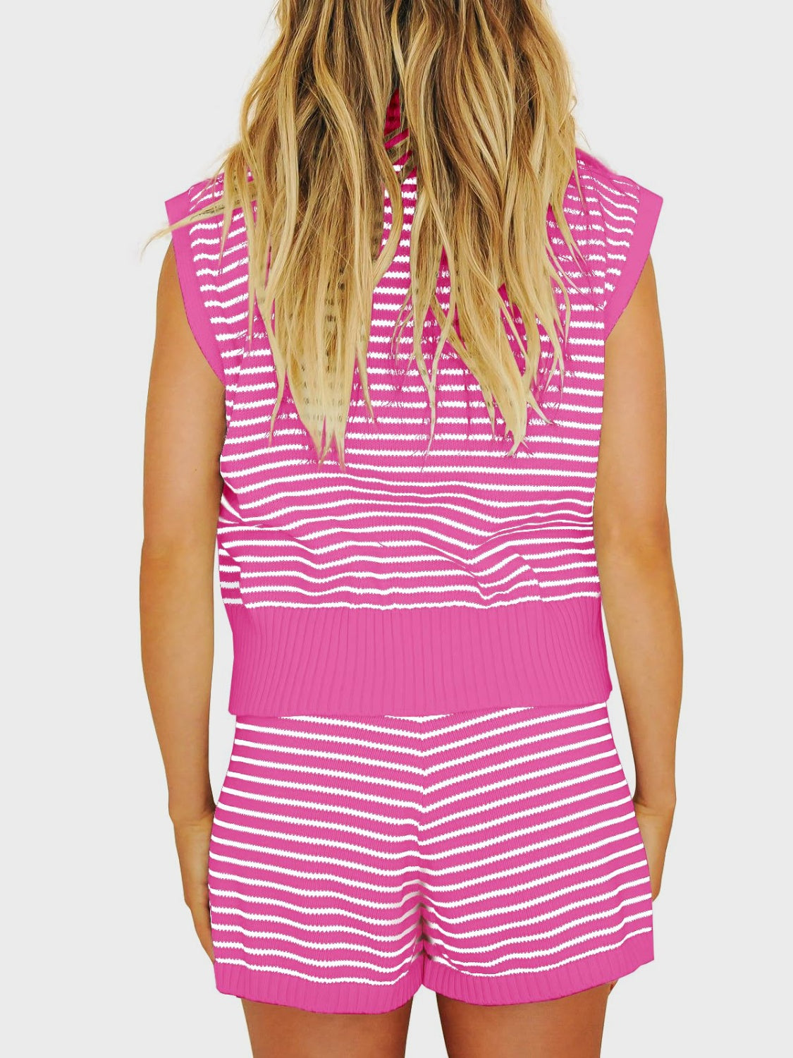 Buy hot-pink Striped Cap Sleeve Top and Shorts Sweater Set