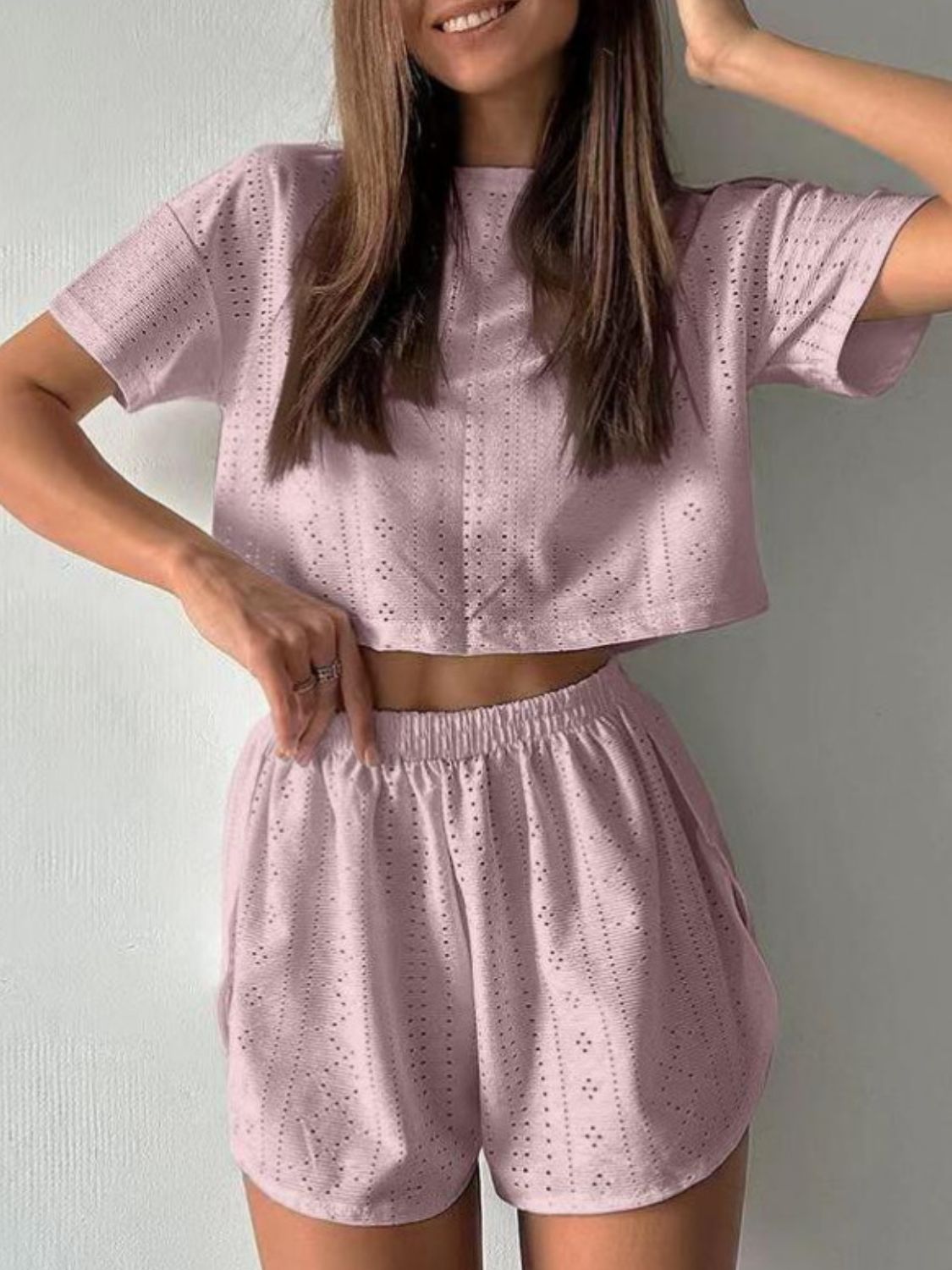 Buy dusty-pink Eyelet Round Neck Top and Shorts Set