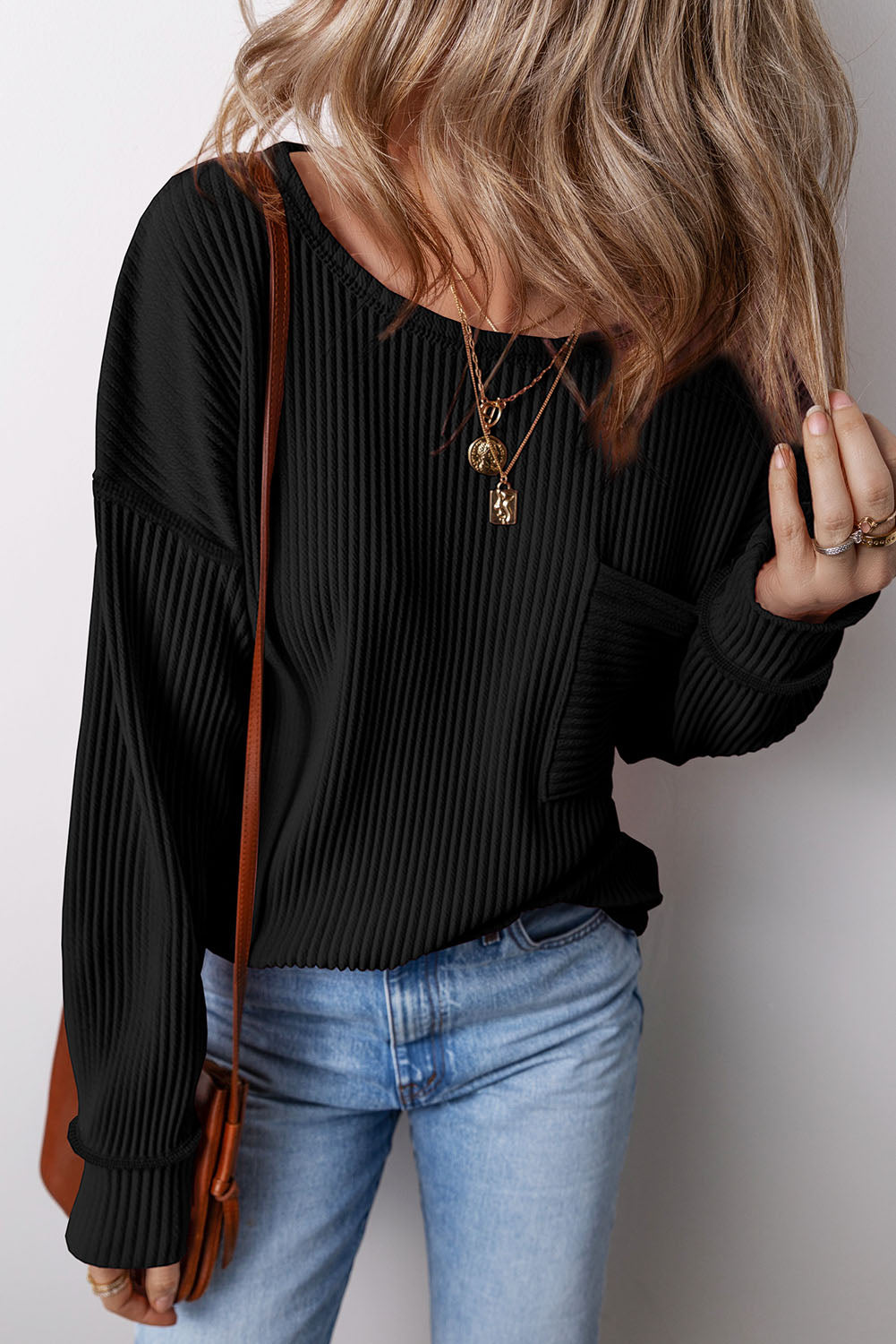 Buy black Pocketed Round Neck Long Sleeve Top