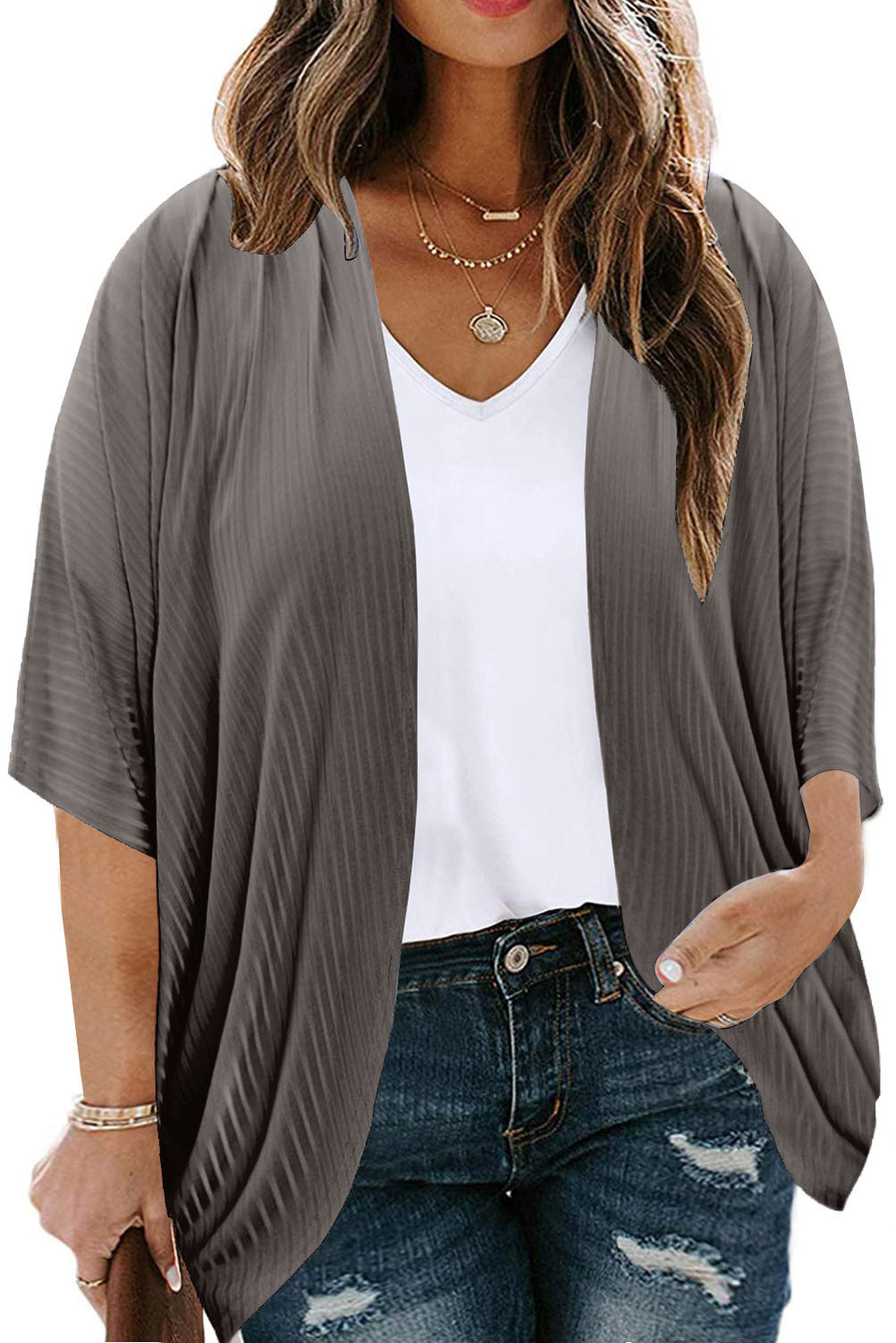 Buy dark-gray Plus Size Ribbed Cocoon Cover Up