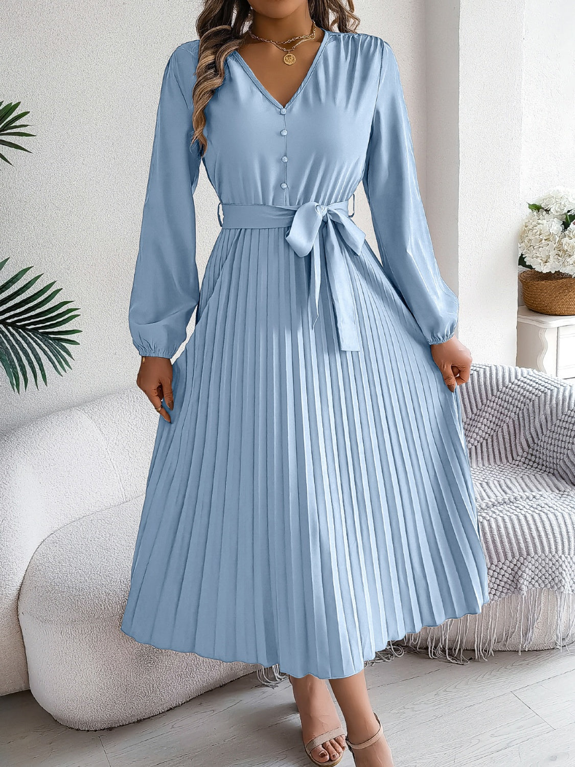 Buy light-blue Pleated Tied V-Neck Long Sleeve Dress