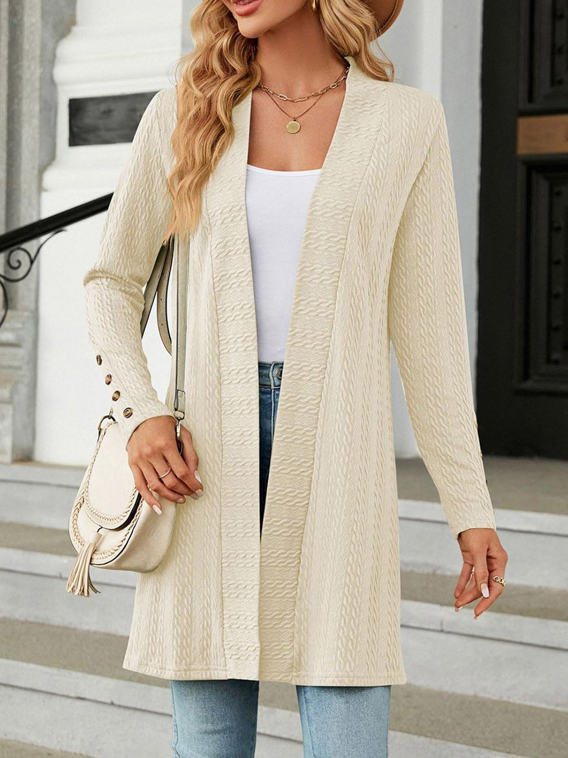 Buy tan Open Front Long Sleeve Cardigan