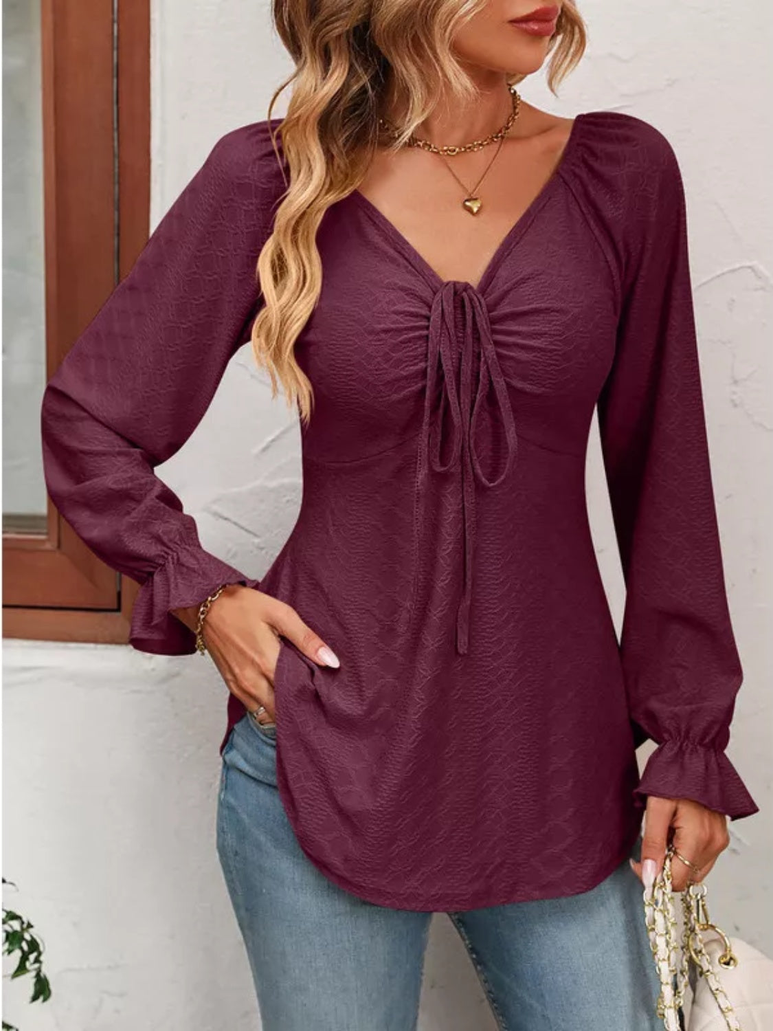 Buy burgundy Full Size Drawstring Ruffled V-Neck Long Sleeve Blouse