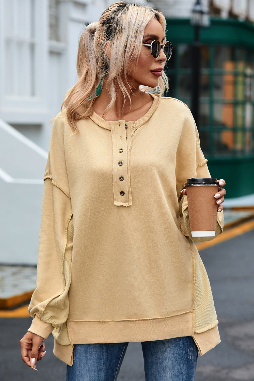 Buy ivory Buttoned Dropped Shoulder Sweatshirt