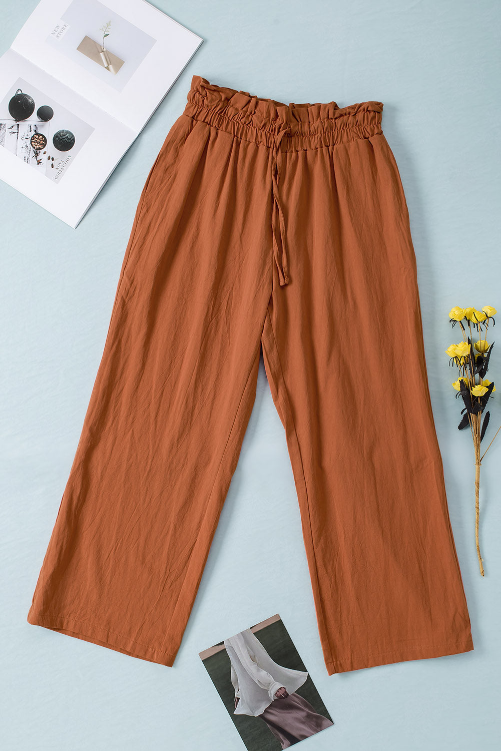 Buy caramel Drawstring Paperbag Waist Wide Leg Pants