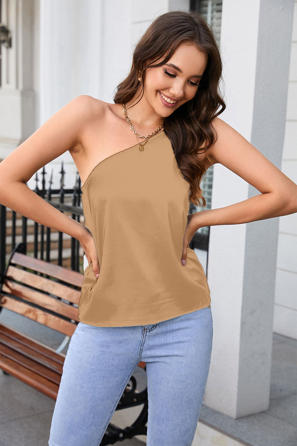 Buy tan One Shoulder Sleeveless Top